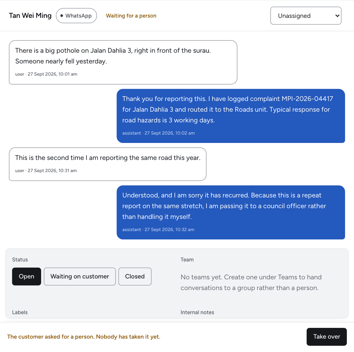 A conversation the agent handed over: it tells the resident it is passing a repeat report to a council officer, and the footer reads “The customer asked for a person. Nobody has taken it yet.” beside a Take over button.